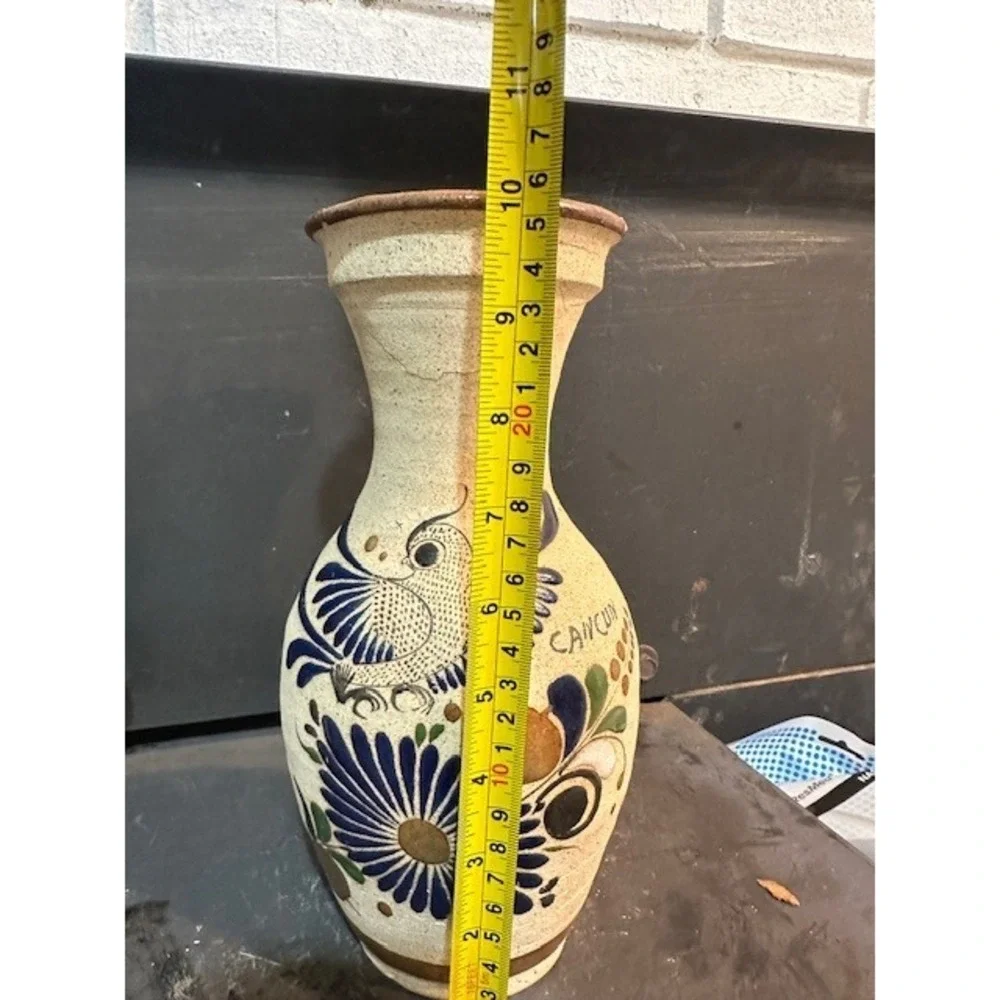 Vintage Mexican Folk Art Pottery Vase Bird Floral‎ Cancun Signed Stoneware 10.5